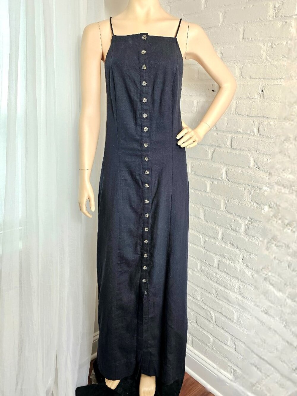 Free People Black Linen Button Front Maxi Dress Size L NWT Crossback - Picture 4 of 13